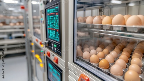 Egg industry, Hatchery, Automation. Industrial egg incubator with multiple trays and digital controls.