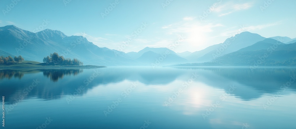 Tranquil mountain lake reflecting a misty sunrise. Tranquil mountain lake reflecting a misty sunrise.