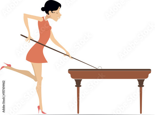 Beautiful young woman playing billiards at club. 
Beautiful young woman plays snooker. Isolated on white background
