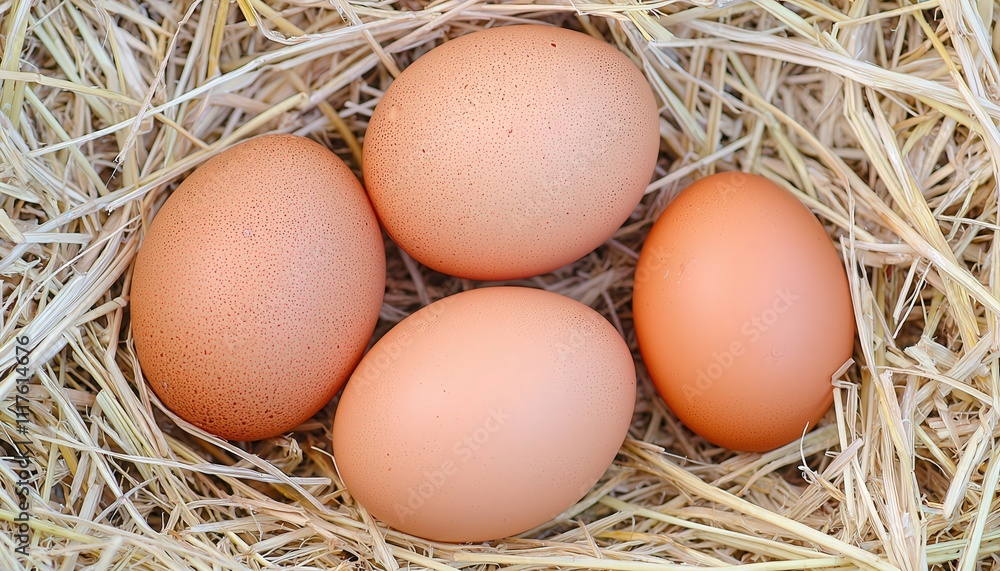 Egg farming, Quality. Four brown eggs resting in a nest of straw. Egg farming, Quality. Four brown eggs resting in a nest of straw.