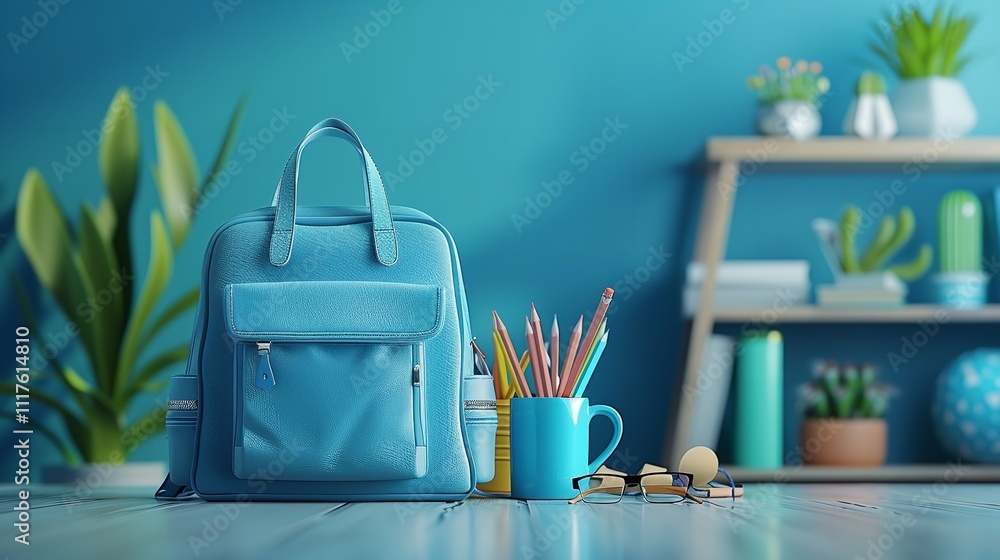 Blue school backpack sitting on table with colorful pencils and books, Ai Generative. Blue school backpack sitting on table with colorful pencils and books, Ai Generative.