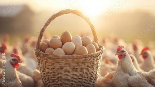 Egg farming, Quality. Basket of eggs surrounded by chickens at sunrise. photo