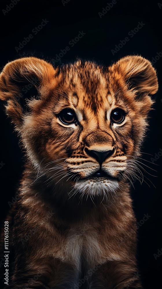 Detailed close-up lion cub face dark black background image Detailed close-up lion cub face dark black background image