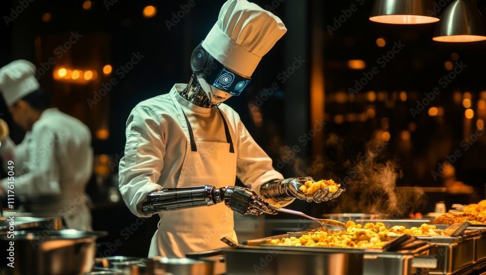 portrait of robot chef cooking in the kitchen, using AI interface to guide its actions portrait of robot chef cooking in the kitchen, using AI interface to guide its actions