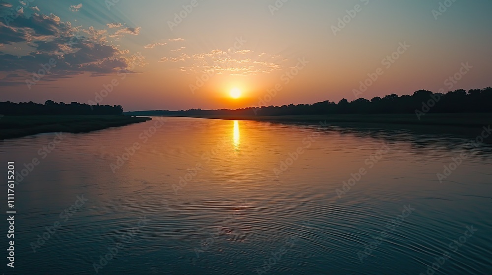 Fototapeta premium Serene sunset over calm river reflecting golden light.