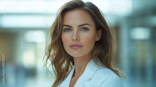 portrait of caucasian female doctor in white coat on modern light clinic background, copy space