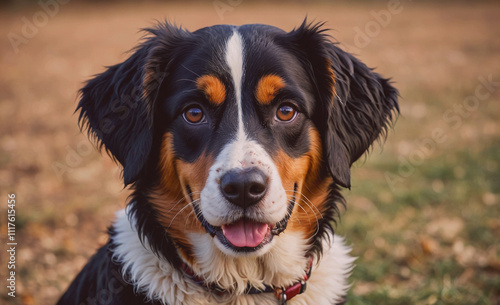 Dog with brown and white fur is sitting on the grass. It has a red collar around its neck