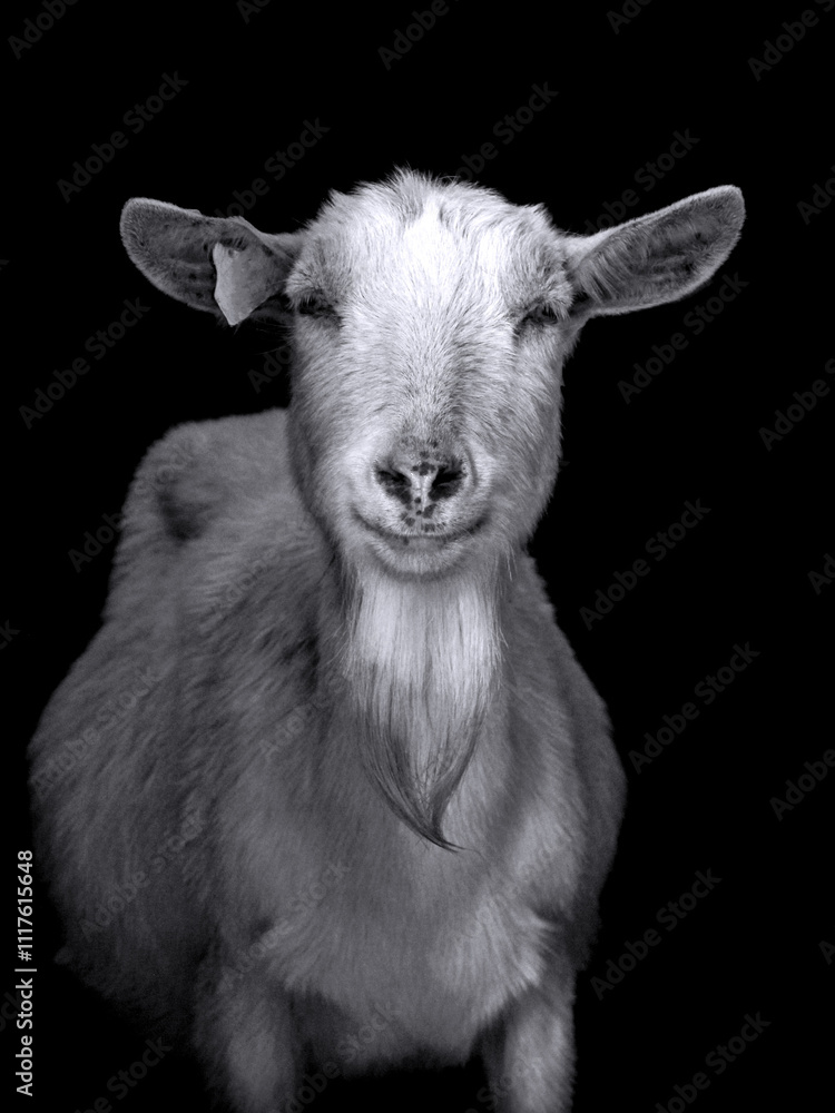 The goat is photographed for identification documents. The goat is photographed for identification documents.