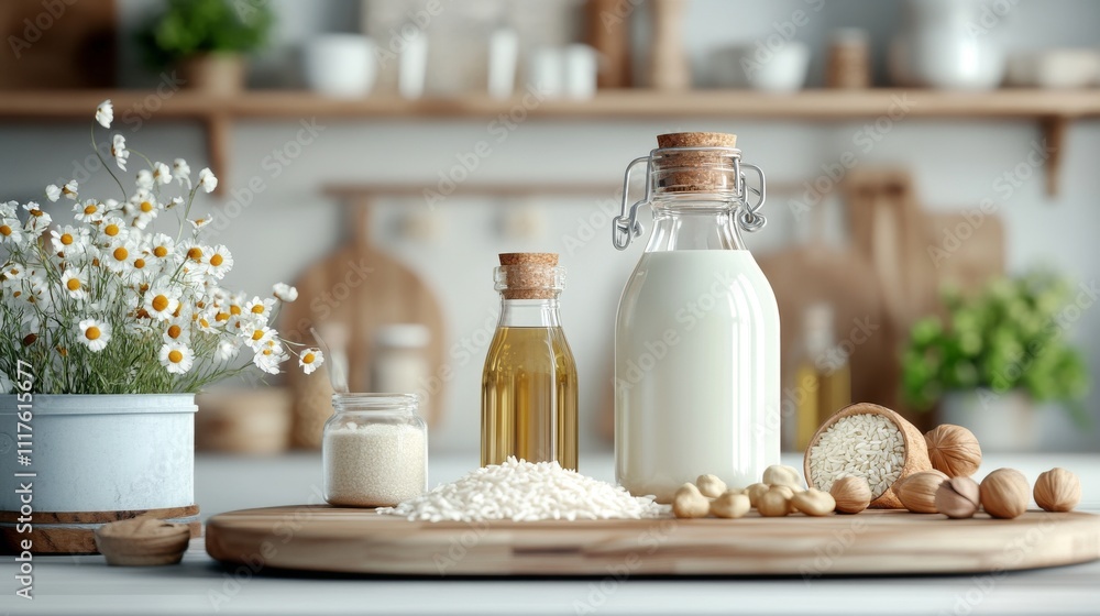 Modern Scandinavian kitchen with warm, natural tones. Cooking oil, milk, rice and nuts alternate on a table. White cabinets and natural wood accents enhance the scene Modern Scandinavian kitchen with warm, natural tones. Cooking oil, milk, rice and nuts alternate on a table. White cabinets and natural wood accents enhance the scene