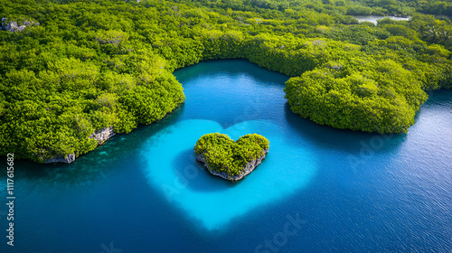 Tropical island paradise with a heart-shaped lagoon, lush greenery, and crystal waters. Honeymoon destination. Generative AI  romantic, sparse, event, heart, photo