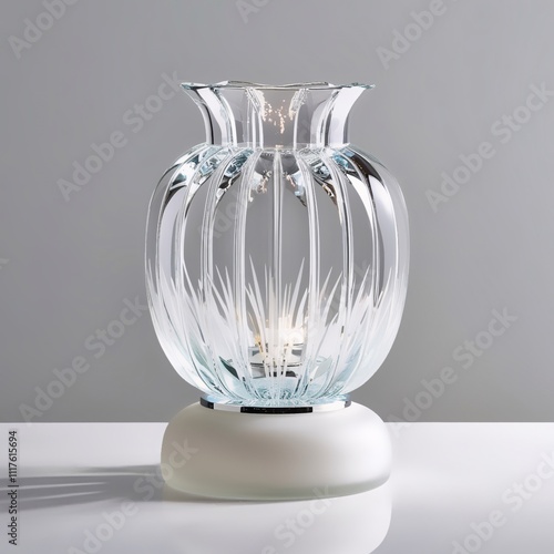 Glass Crystalbrook Glass Lantern Sculpture with Frosted White to Clear Gradient and Intricate Light Etchings, Generative AI photo