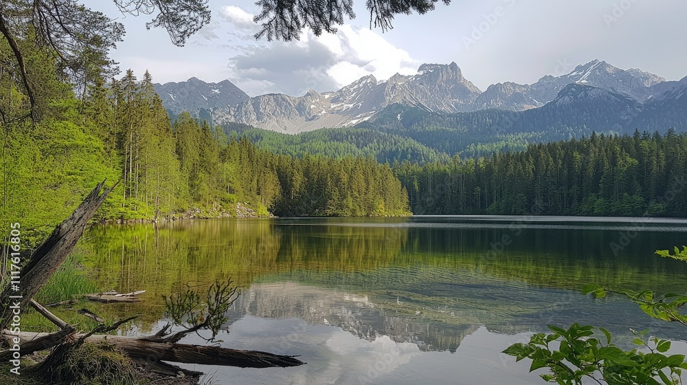 Naklejka premium Serene mountain lake reflecting majestic peaks under a partly cloudy sky.