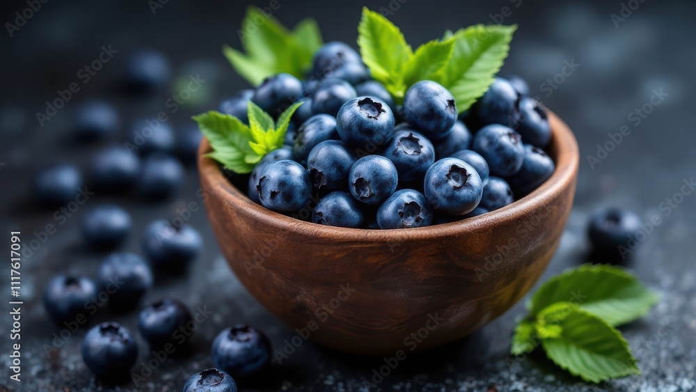 A bowl of fresh, ripe blueberries surrounded by green leaves, set against a dark background, capturing the vibrant colors and natural beauty of the fruit A bowl of fresh, ripe blueberries surrounded by green leaves, set against a dark background, capturing the vibrant colors and natural beauty of the fruit