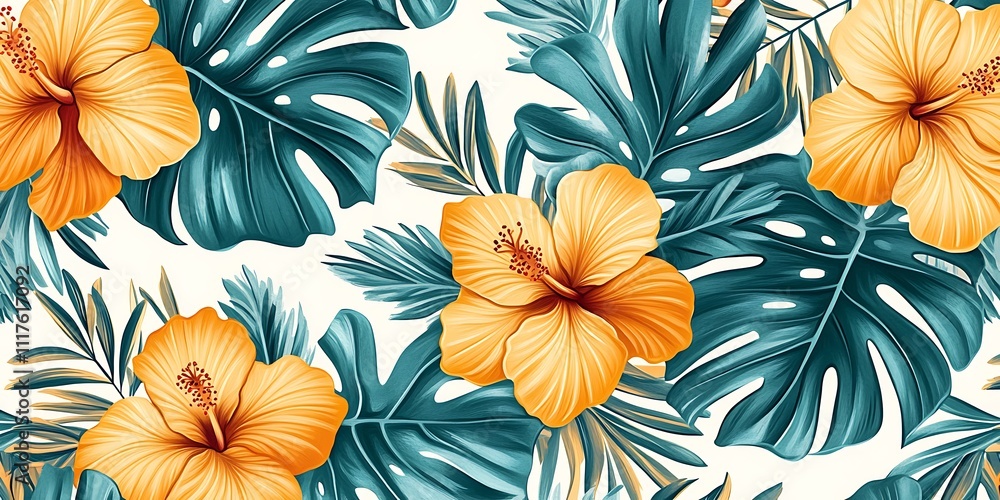 Seamless pattern of tropical flowers and leaves against a vibrant blue background, showcasing vivid colors and natural beauty Seamless pattern of tropical flowers and leaves against a vibrant blue background, showcasing vivid colors and natural beauty