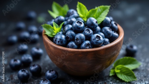 A bowl of fresh, ripe blueberries surrounded by green leaves, set against a dark background, capturing the vibrant colors and natural beauty of the fruit