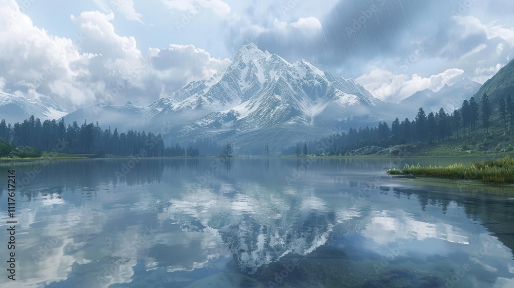 Majestic snow-capped mountain reflected in a serene lake, surrounded by lush greenery and a tranquil atmosphere. Majestic snow-capped mountain reflected in a serene lake, surrounded by lush greenery and a tranquil atmosphere.