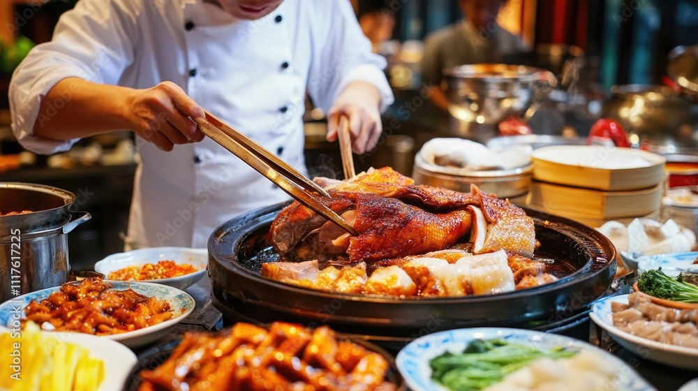 A traditional table spread featuring Peking duck with crispy skin, fresh vegetables, and Chinese pancakes, highlighting authentic Asian cuisine and dining culture.. A traditional table spread featuring Peking duck with crispy skin, fresh vegetables, and Chinese pancakes, highlighting authentic Asian cuisine and dining culture..
