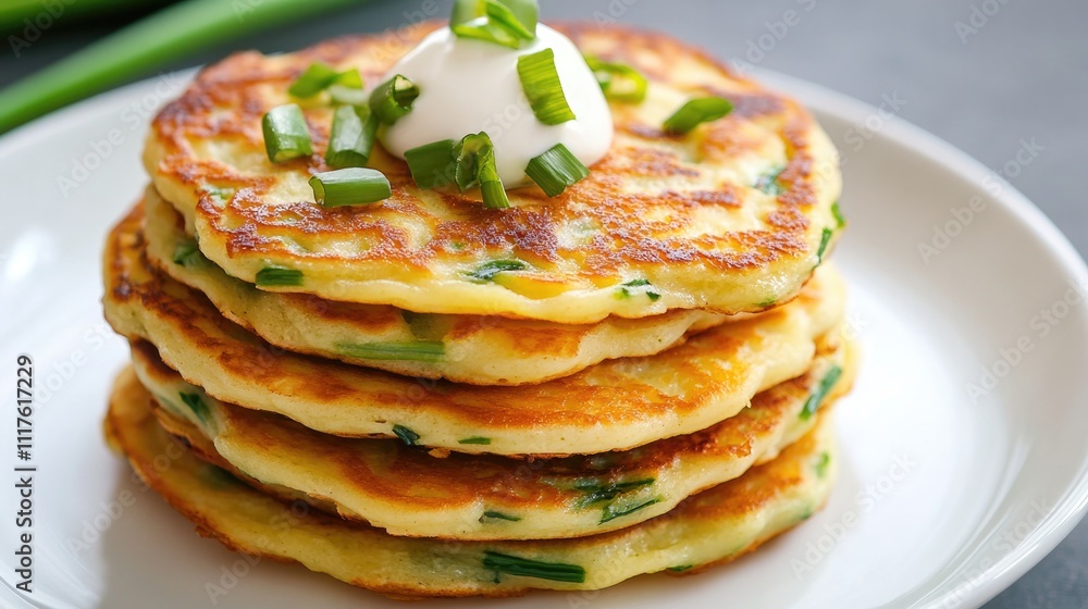 Stack of golden scallion pancakes topped with sour cream and chives on a white plate, shot on a light background with natural light, ideal for food advertisements... Stack of golden scallion pancakes topped with sour cream and chives on a white plate, shot on a light background with natural light, ideal for food advertisements...