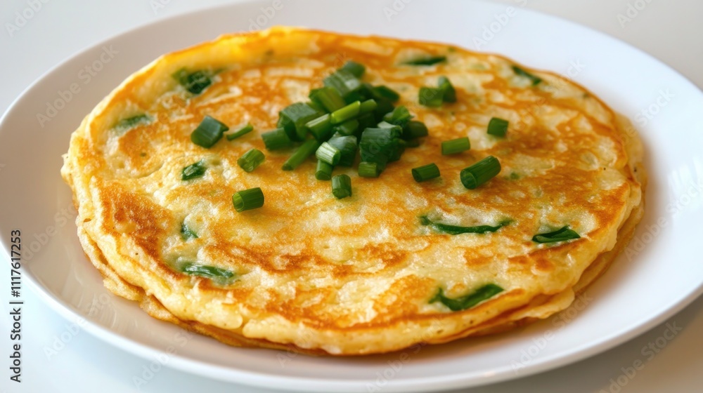 Golden scallion pancake topped with fresh green onions on a white plate, minimal background, ideal for restaurant menus or healthy food branding... Golden scallion pancake topped with fresh green onions on a white plate, minimal background, ideal for restaurant menus or healthy food branding...