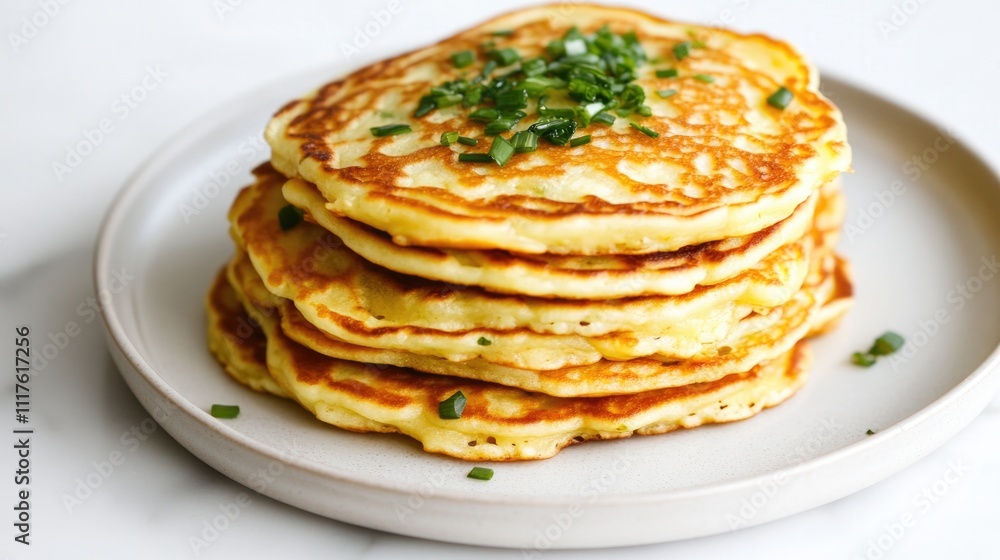 Stack of scallion pancakes on a white ceramic plate garnished with fresh green onions, shot on a white background, suitable for recipe books or blogs... Stack of scallion pancakes on a white ceramic plate garnished with fresh green onions, shot on a white background, suitable for recipe books or blogs...