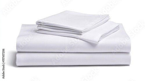 A luxurious white percale sheet set neatly folded on a white background, emphasizing elegance, comfort, and premium bedding essentials for home interiors..