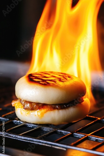 Grilled pork bun with melted cheese and flames in the background, creating a dramatic effect, ideal for modern restaurant ads and food branding.. photo