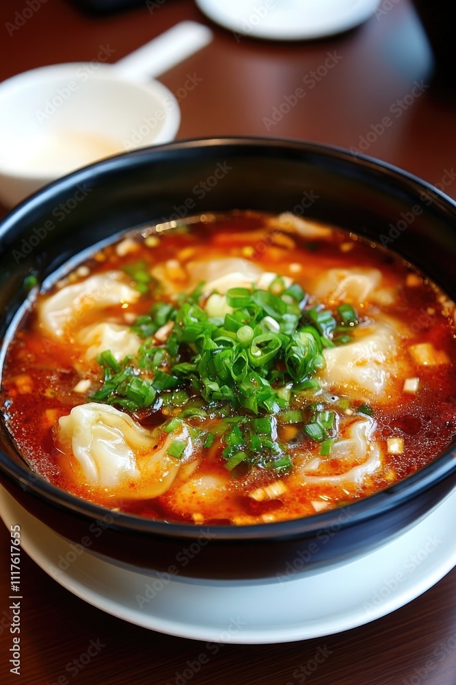 Hot and spicy wonton soup in a black bowl garnished with scallions, served on a wooden table, perfect for Chinese cuisine menus and restaurant advertisements.. Hot and spicy wonton soup in a black bowl garnished with scallions, served on a wooden table, perfect for Chinese cuisine menus and restaurant advertisements..