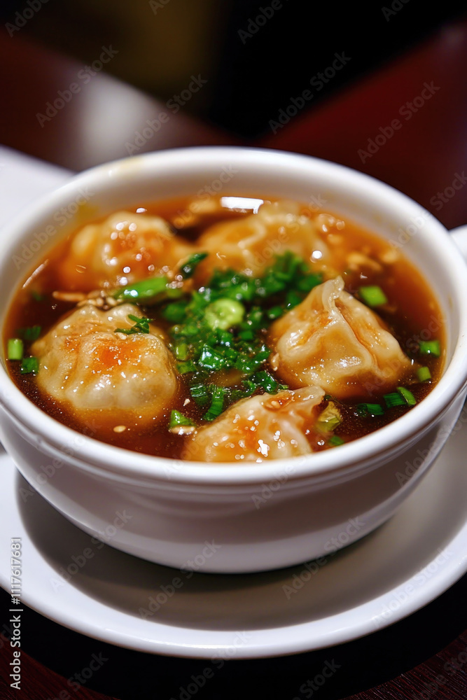 A steaming bowl of wonton soup with dumplings and green herbs in flavorful broth, served in a white bowl, ideal for Chinese restaurant promotions and culinary branding.. A steaming bowl of wonton soup with dumplings and green herbs in flavorful broth, served in a white bowl, ideal for Chinese restaurant promotions and culinary branding..