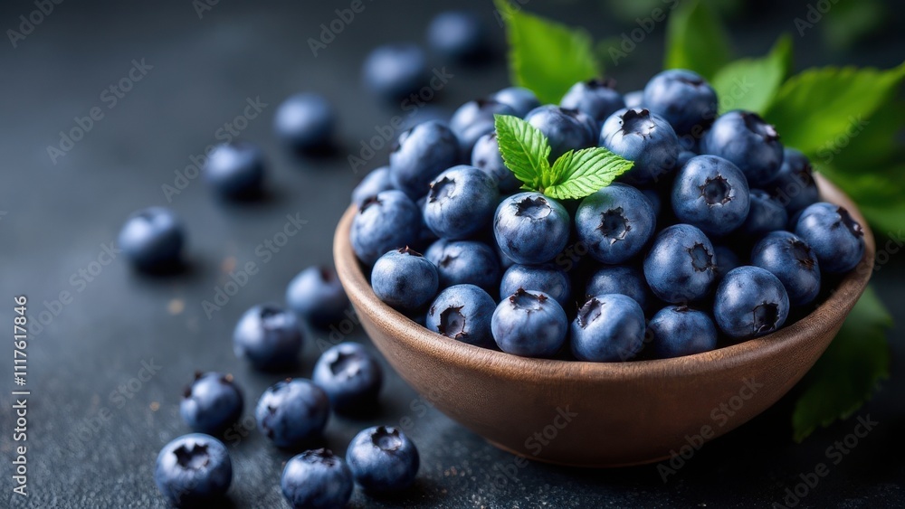 A bowl of fresh, ripe blueberries surrounded by green leaves, set against a dark background, capturing the vibrant colors and natural beauty of the fruit A bowl of fresh, ripe blueberries surrounded by green leaves, set against a dark background, capturing the vibrant colors and natural beauty of the fruit