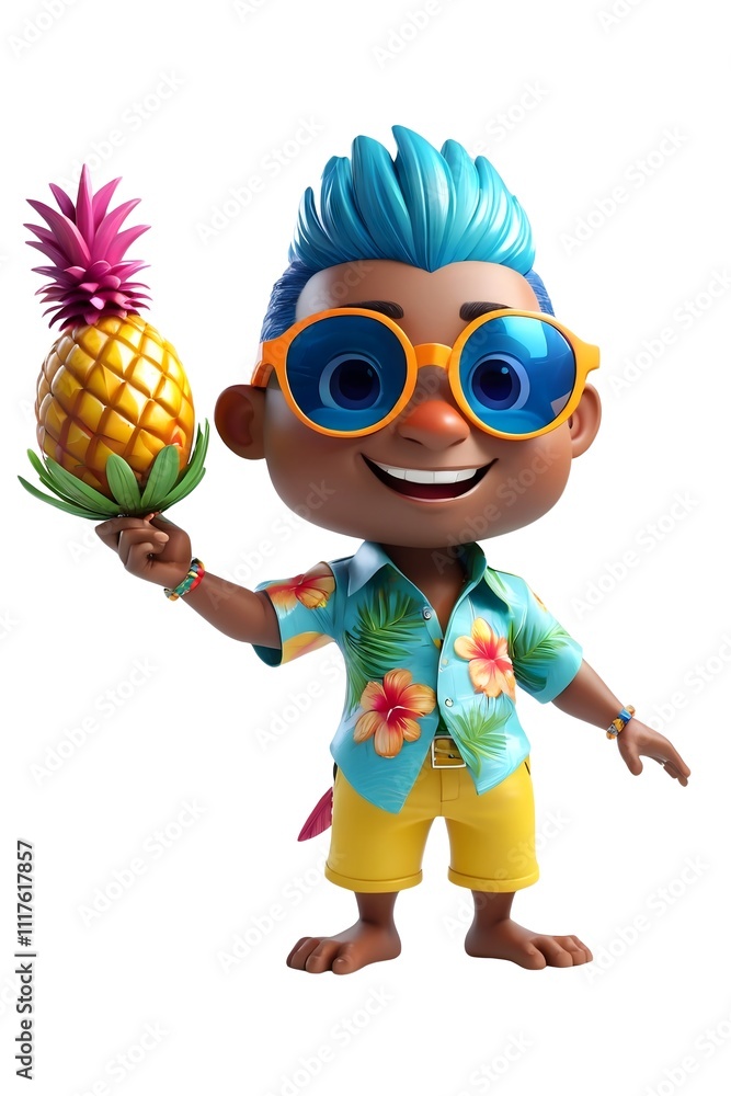 A Cheerful 3D Render of a Cartoon Boy in Hawaiian Shirt Holding a Pineapple Summer Fun Tropical Vibes A Cheerful 3D Render of a Cartoon Boy in Hawaiian Shirt Holding a Pineapple Summer Fun Tropical Vibes