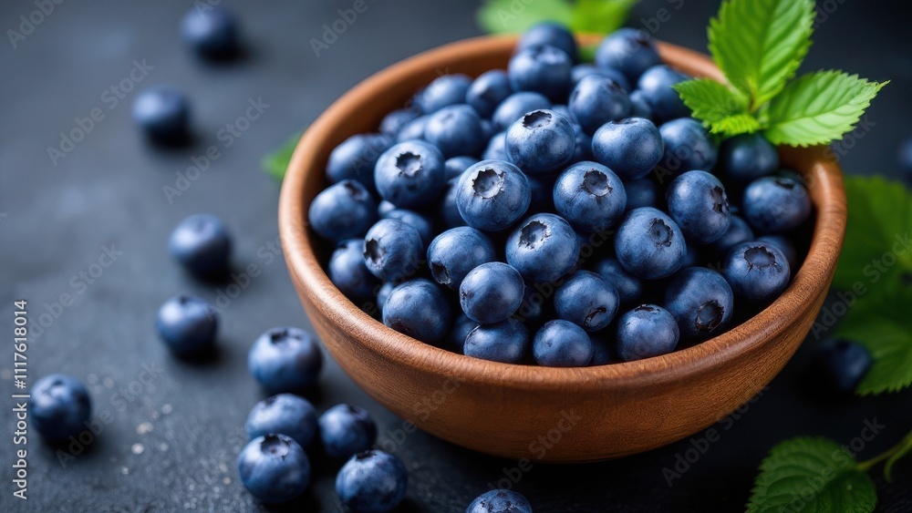 A bowl of fresh, ripe blueberries surrounded by green leaves, set against a dark background, capturing the vibrant colors and natural beauty of the fruit A bowl of fresh, ripe blueberries surrounded by green leaves, set against a dark background, capturing the vibrant colors and natural beauty of the fruit