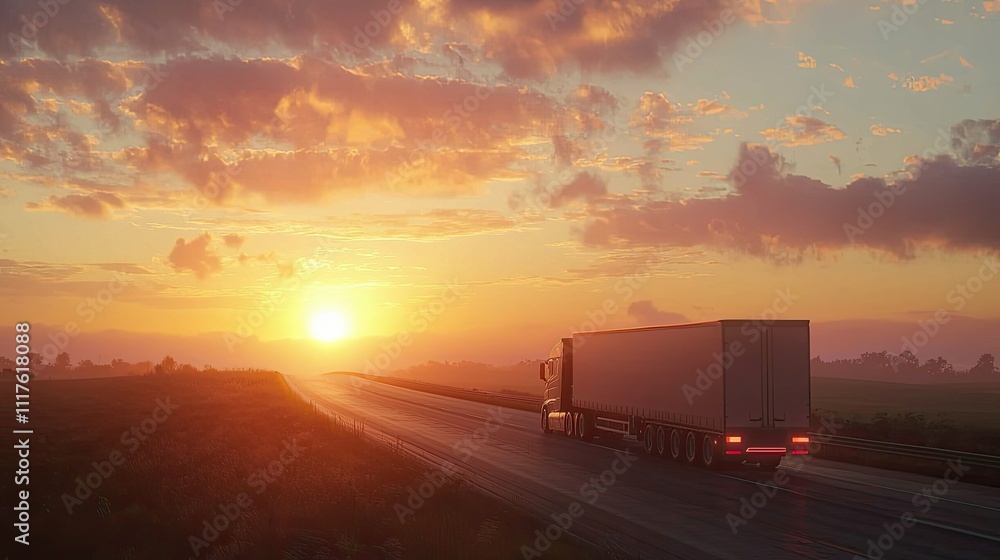 Semi-truck driving on highway at sunset. (2) Semi-truck driving on highway at sunset. (2)