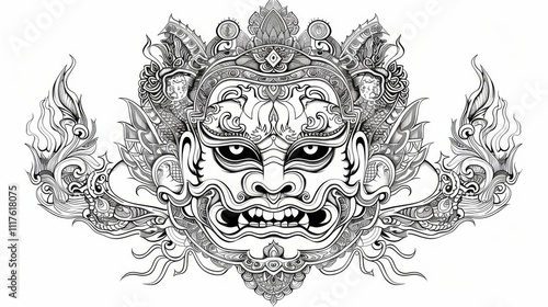 Intricate Thai Ceremonial Mask Illustration