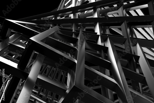 Futuristic metallic architecture design with interlocking geometric patterns for modern art concept. 3d render