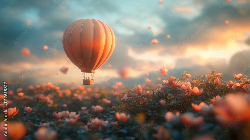 Fototapeta premium Hot Air Balloon Adventure Over Blooming Flower Fields at Sunset