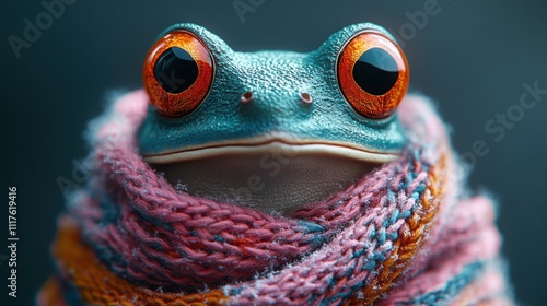 Ultra-realistic anthropomorphic frog wearing colorful clothing, posing for a whimsical and creative shot. photo