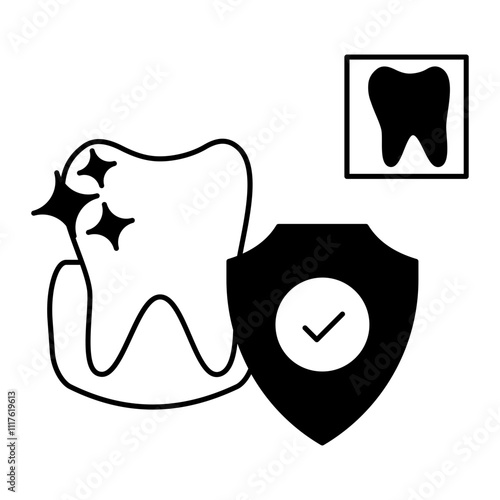 Indemnity Plans or Teeth with shield concept, Dental treatment covered in insurance vector outline design, Odontology symbol, manual dexteritysign, Dentist tools stock illustration