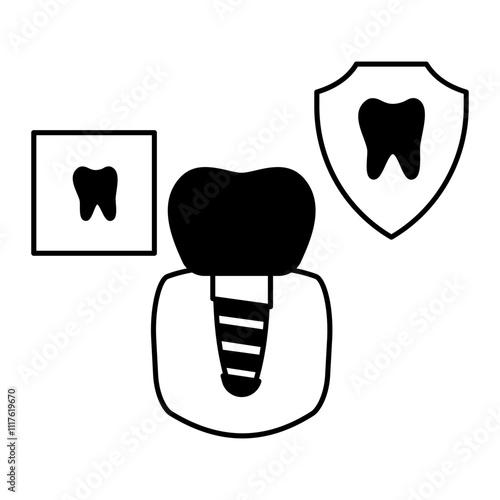 Dental Implant or Artificial prosthetic tooth root concept, Replace Single titanium screwed teeth vector outline design Odontology symbol manual dexterity sign Dental treatment instrument illustration