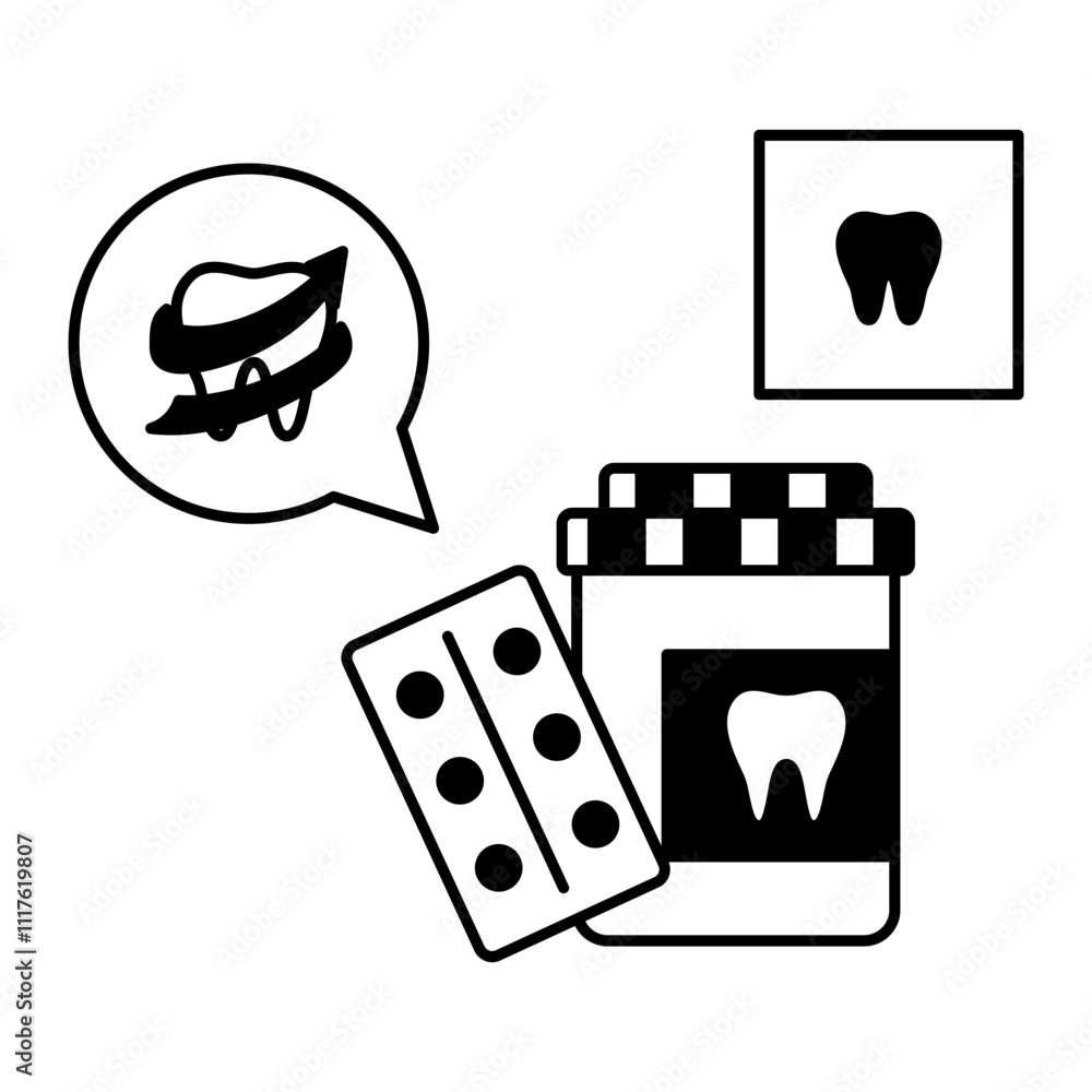 Teeth Medicine Pills and Relievers Antibiotics Tablets Jar concept, Tooth Pain relief Medication Kit vector outline design, Odontology symbol, manual dexteritysign, Dentist tools stock illustration Teeth Medicine Pills and Relievers Antibiotics Tablets Jar concept, Tooth Pain relief Medication Kit vector outline design, Odontology symbol, manual dexteritysign, Dentist tools stock illustration