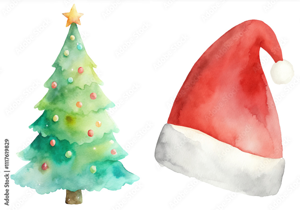 A watercolor painting of a Christmas tree and a red Santa hat A watercolor painting of a Christmas tree and a red Santa hat
