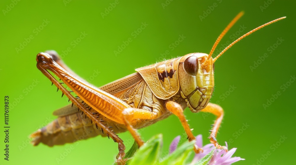 Macro Shot of a Grasshopper on a Wildflower Against Vibrant Green Background Macro Shot of a Grasshopper on a Wildflower Against Vibrant Green Background