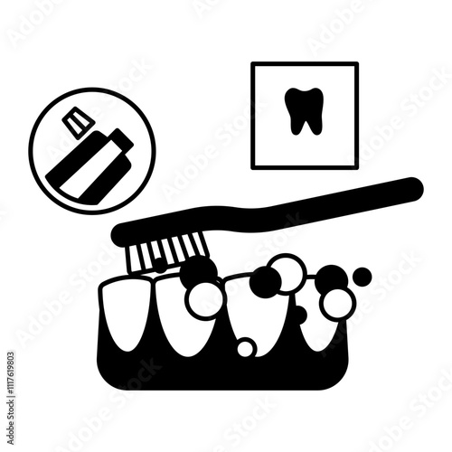 Gently move the brush back and forth in short tooth-wide stroke concept, Brushing chewing surfaces of teeth vector outline design, Odontology symbol, manual dexteritysign, Dentist tools illustration