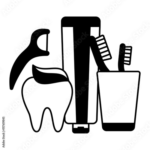 Personal Oral Hygiene items toothbrush and floss concept, Bathroom Vanity Storage with Green Leaf vector outline design, Odontology symbol, manual dexteritysign, Dentist tools illustration