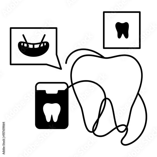 Wrap the floss cleaning between your Upper Teeth concept, Flossing helps prevent plaque buildup Inter brush vector outline design, Odontology symbol, manual dexteritysign, Dentist tools stock illustr