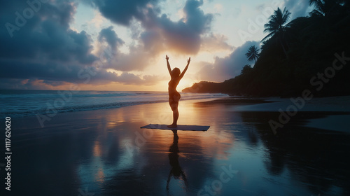 A silhouette of a woman practicing yoga on a beach at sunset, surrounded by serene waves and vibrant skies, symbolizing mindfulness and balance