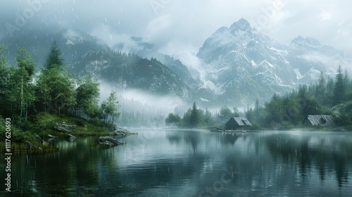 Misty mountain lake with rain and two small cabins.