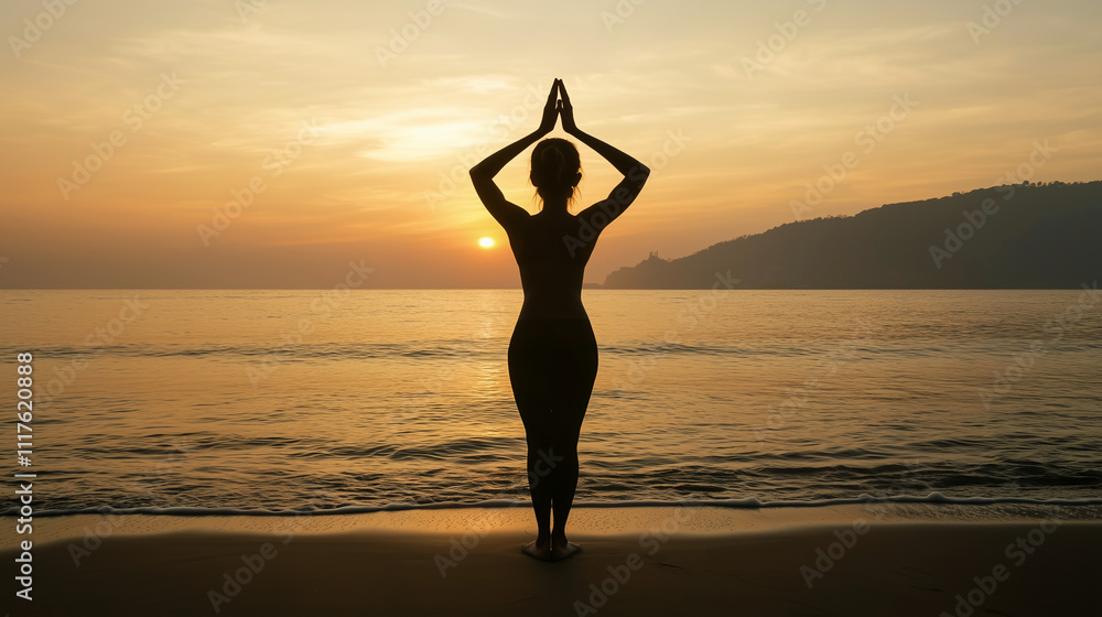A serene silhouette of a woman practicing yoga on the beach at sunrise, symbolizing mindfulness, balance, and connection with nature A serene silhouette of a woman practicing yoga on the beach at sunrise, symbolizing mindfulness, balance, and connection with nature