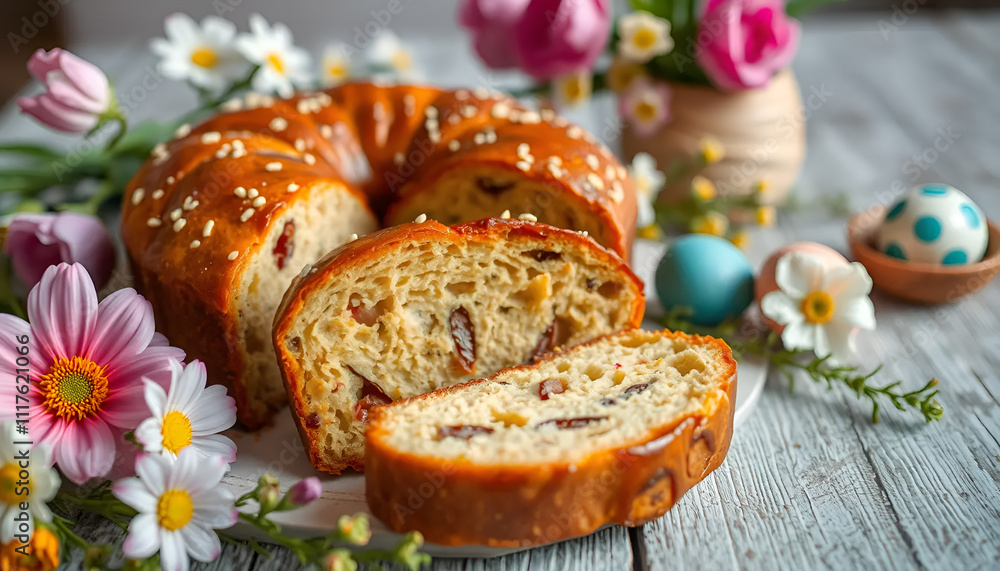 Deliciously baked Easter bread with nuts and dried fruits, beautifully displayed with flowers and eggs
Deliciously baked Easter bread with nuts and dried fruits, beautifully displayed with flowers and eggs