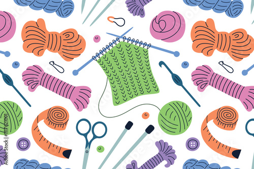 Colorful seamless pattern, knitting tools and supplies, ornament with yarn skeins, needles, crochet hooks, scissors, and measuring tape. Flat cartoon vector style, perfect for crafting and DIY themes