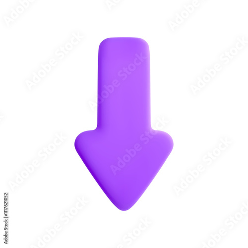 Vector cartoon 3d violet arrow icon. Cute realistic down direction arrow sign isolated on white background. 3d render pointer concept, plastic mouse cursor for infographic, web, business app, design.